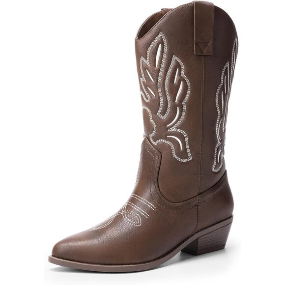 Women's Brown-PU Mid Calf Western Embroidery Stitched Faux Leather Cowgirl Boots - Picture 1 of 7